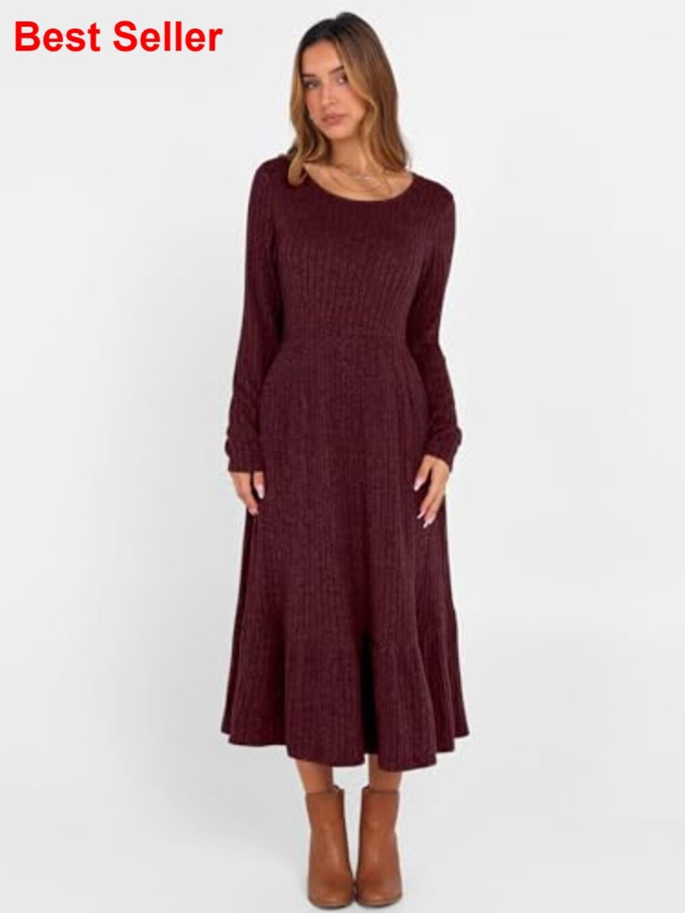 Rib Knit Crew Neck Long Sleeve Midi Dress with Pockets - Picture 6 of 7